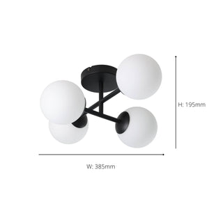Eglo EU Castrovido LED Bathroom Ceiling Light with Four White Glass Globes & Black Steel Mount