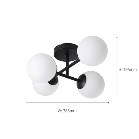 Eglo EU Castrovido LED Bathroom Ceiling Light with Four White Glass Globes & Black Steel Mount