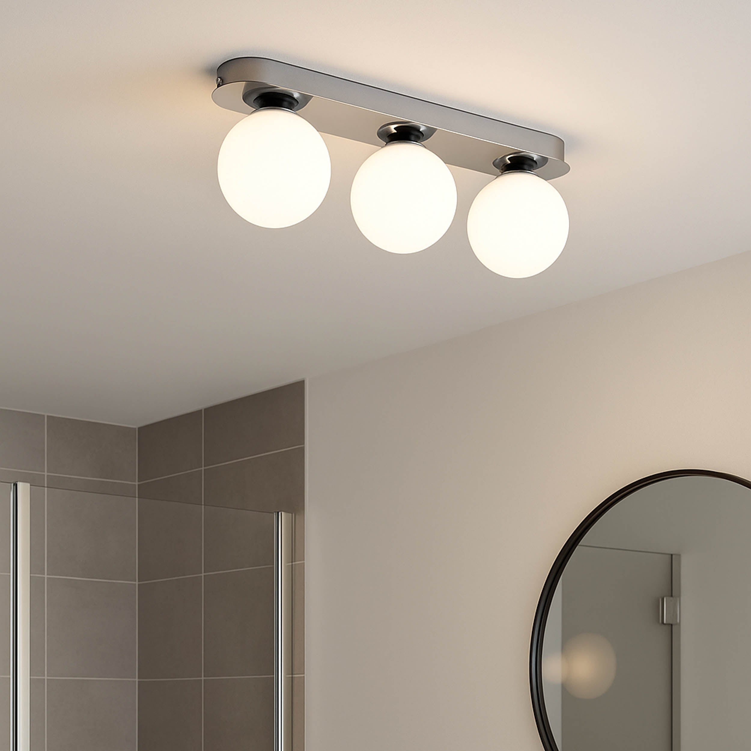 Eglo EU Castrovido LED Bathroom Ceiling Light with Three White Glass Globes & Chrome Steel Mount