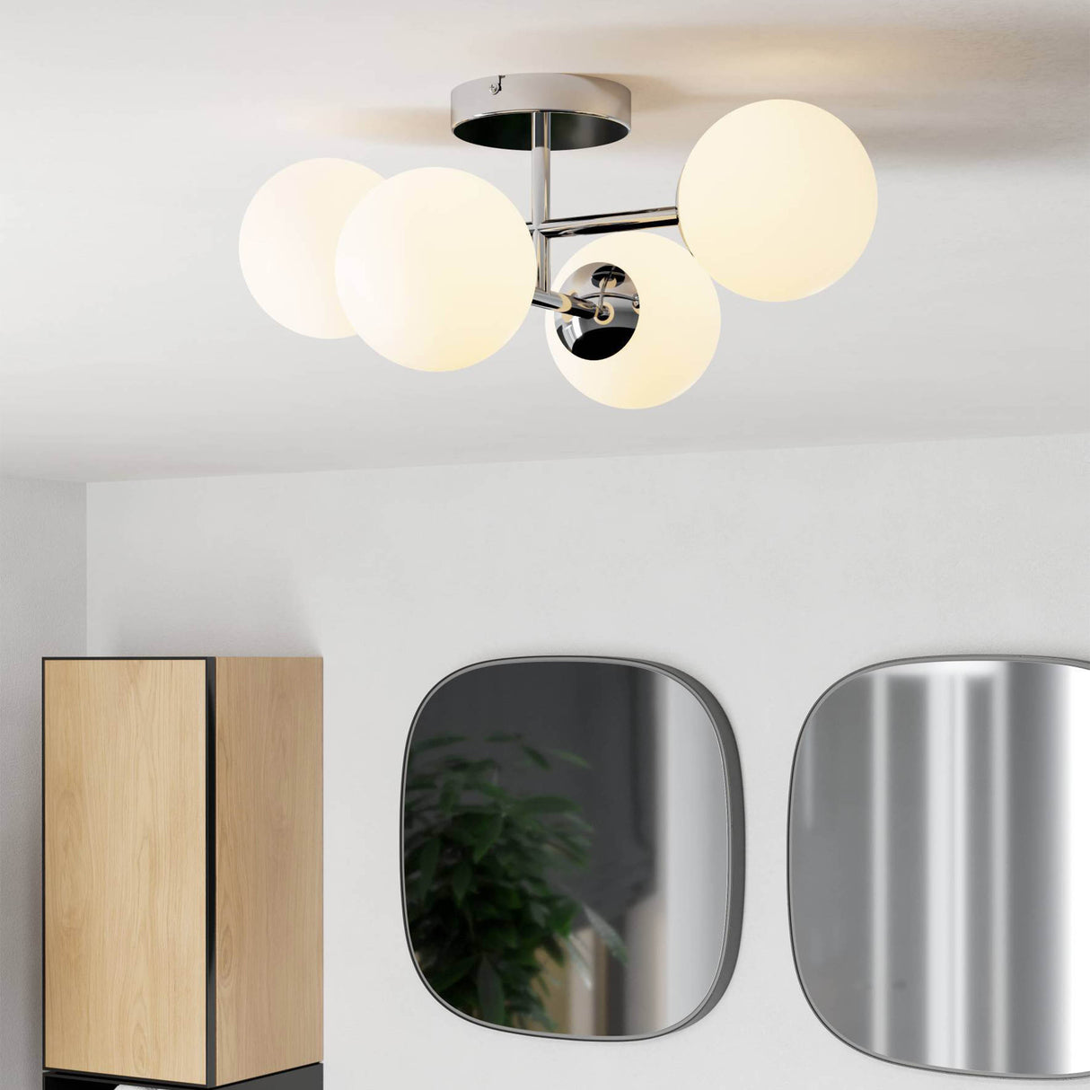 Eglo EU Castrovido LED Bathroom Ceiling Light with Four White Glass Globes & Chrome Steel Mount