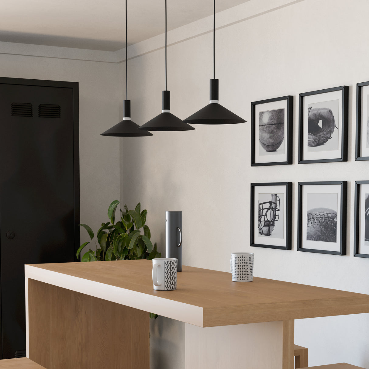Eglo EU Conomavilla-Z Black Steel Conical Shades Modern Smart Control 3-Light Pendant