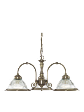 American Diner 3Lt Pendant - Antique Brass & Ribbed Glass