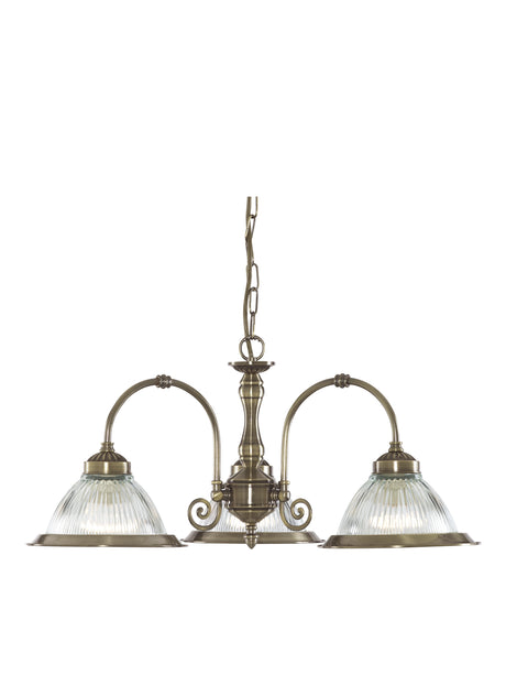 American Diner 3Lt Pendant - Antique Brass & Ribbed Glass