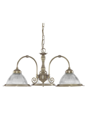 Searchlight Electric American Diner 3Lt Pendant - Antique Brass & Ribbed Glass 9343-3