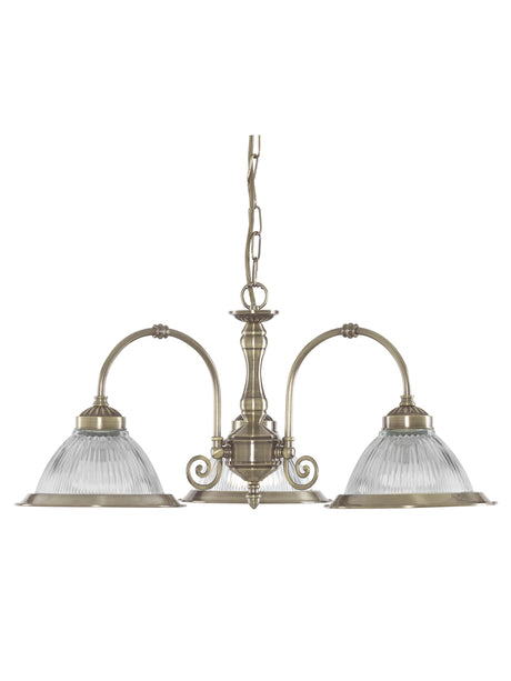 Searchlight Electric American Diner 3Lt Pendant - Antique Brass & Ribbed Glass 9343-3