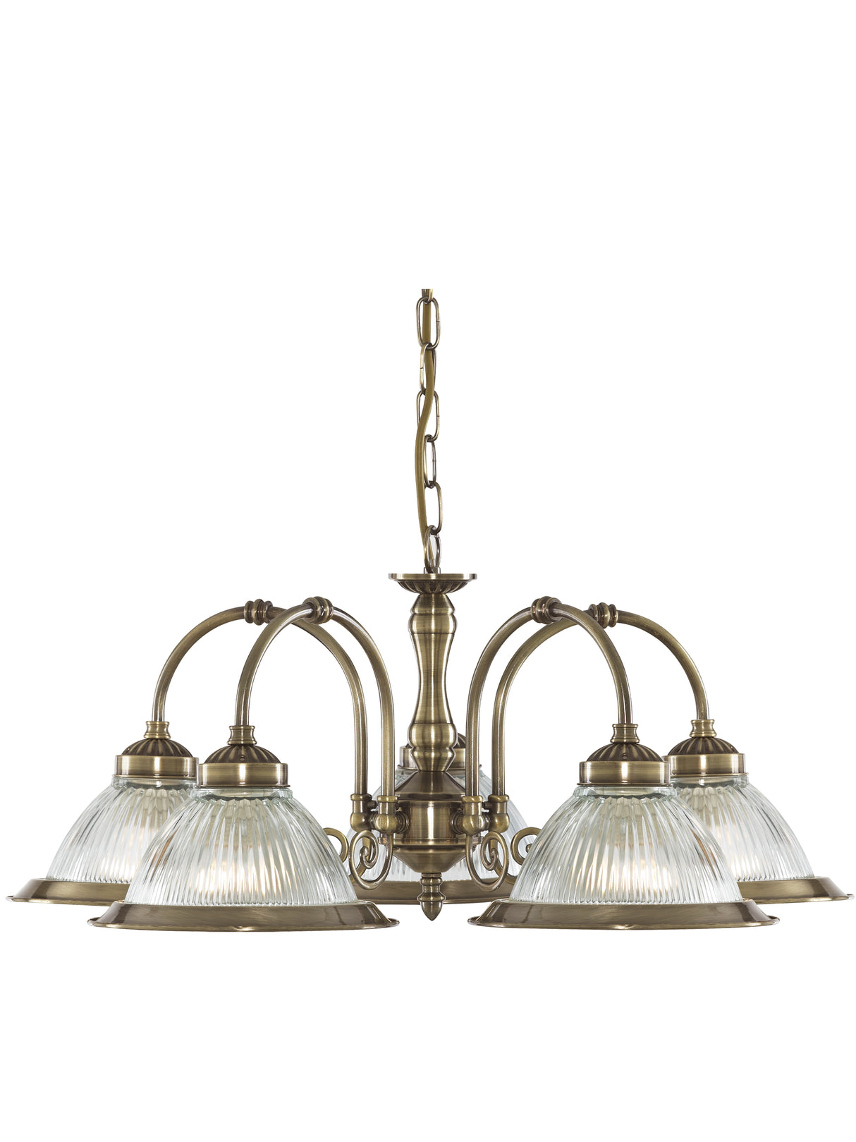 American Diner 5Lt Pendant - Antique Brass & Ribbed Glass