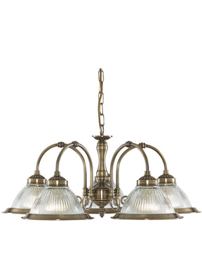 American Diner 5Lt Pendant - Antique Brass & Ribbed Glass
