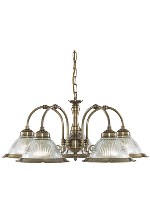 American Diner 5Lt Pendant - Antique Brass & Ribbed Glass