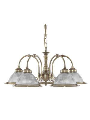 Searchlight Electric American Diner 5Lt Pendant - Antique Brass & Ribbed Glass 9345-5