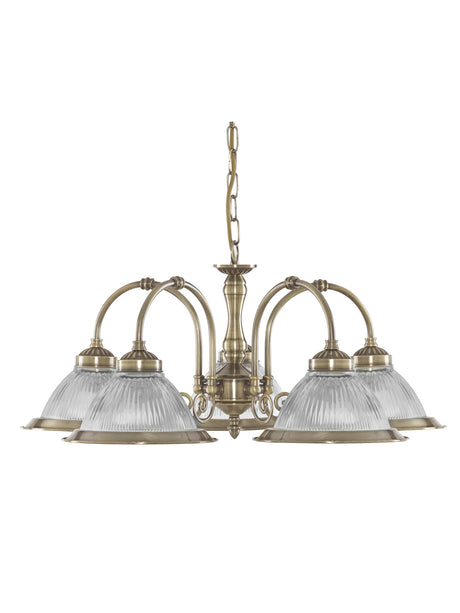 Searchlight Electric American Diner 5Lt Pendant - Antique Brass & Ribbed Glass 9345-5