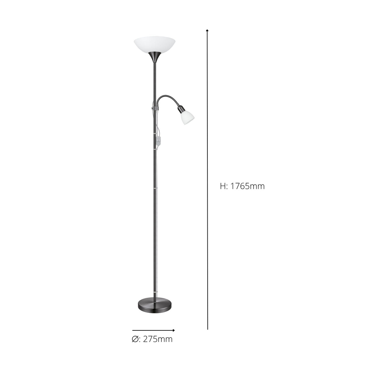 Eglo EU UP?2 Floor Lamp – Nickel Nero Uplighter with Reading Light, E27 & E14, Inline Switch