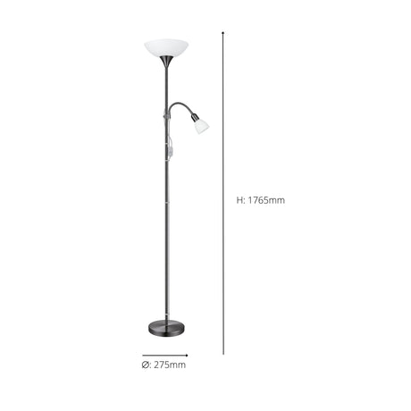 Eglo EU UP?2 Floor Lamp – Nickel Nero Uplighter with Reading Light, E27 & E14, Inline Switch