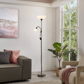 Eglo EU UP?2 Floor Lamp – Nickel Nero Uplighter with Reading Light, E27 & E14, Inline Switch