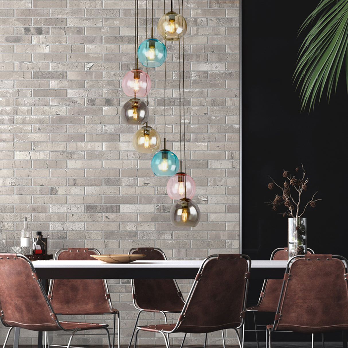 Searchlight Electric Mardi Gras II 8Lt Pendant -  Black Metal & Coloured Glass 94008-8BK
