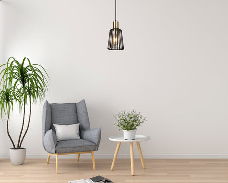 Searchlight Electric Bird Cage  Pendant  - Black & Satin Brass Metal 9412BK