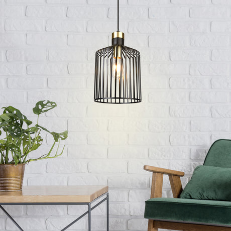 Searchlight Electric Bird Cage  Pendant  - Black & Satin Brass Metal 9413BK