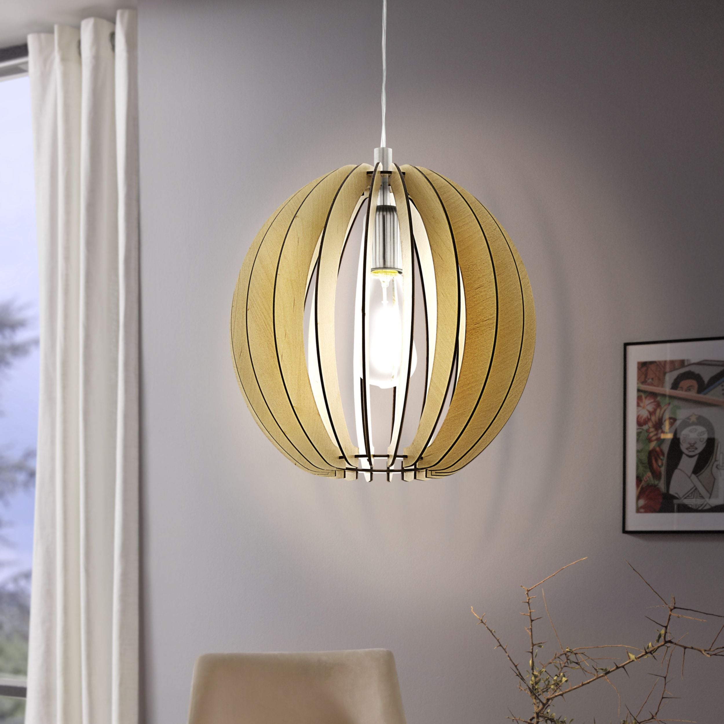 Eglo EU COSSANO Pendant Light – Maple Wood Slatted Shade, Satin Nickel, E27, Natural Decorative Ceiling Lighting