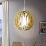 Eglo EU COSSANO Pendant Light – Maple Wood Slatted Shade, Satin Nickel, E27, Natural Decorative Ceiling Lighting