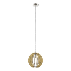 Eglo EU COSSANO Pendant Light – Maple Wood Slatted Shade, Satin Nickel, E27, Natural Decorative Ceiling Lighting