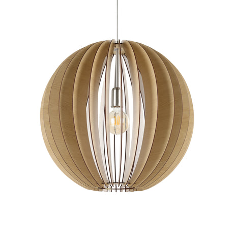 Eglo EU COSSANO Pendant Light – Maple Wood Slats, Satin Nickel, E27, Large Decorative Indoor Ceiling Light