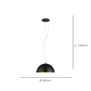 Eglo EU Gaetano 1 Black & Gold Steel Dome Pendant Light, 38cm