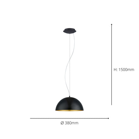 Eglo EU Gaetano 1 Black & Gold Steel Dome Pendant Light, 38cm