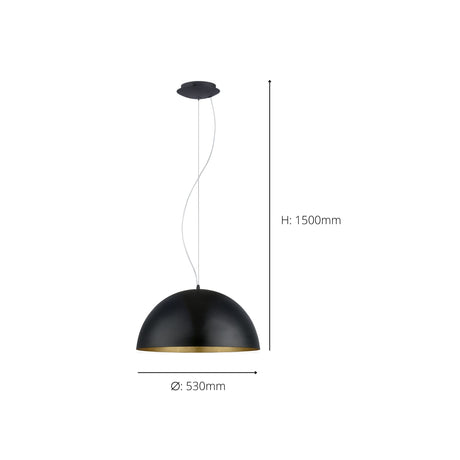 Eglo EU Gaetano 1 Black & Gold Steel Dome Pendant Light, 53cm