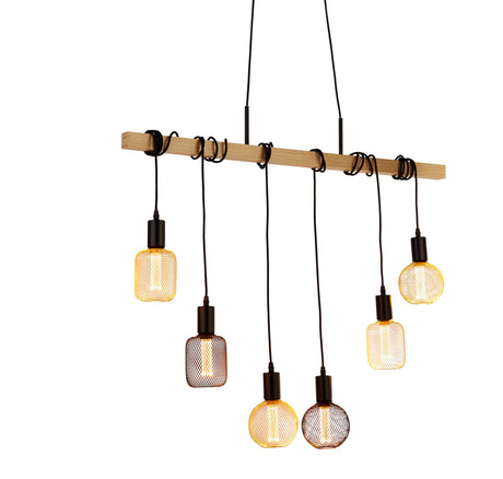 Woody  6Lt Bar Pendant - Natural Wood & Black Metal