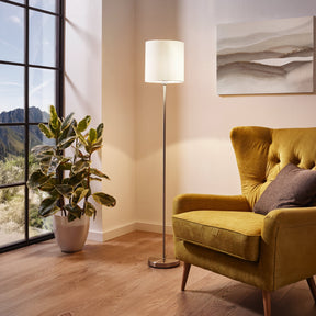 Eglo EU PASTERI Floor Lamp – Satin Nickel Finish with White Fabric Shade, E27 Fitting, 1575mm Indoor Floor Light
