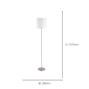 Eglo EU PASTERI Floor Lamp – Satin Nickel Finish with White Fabric Shade, E27 Fitting, 1575mm Indoor Floor Light