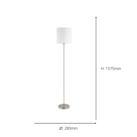 Eglo EU PASTERI Floor Lamp – Satin Nickel Finish with White Fabric Shade, E27 Fitting, 1575mm Indoor Floor Light