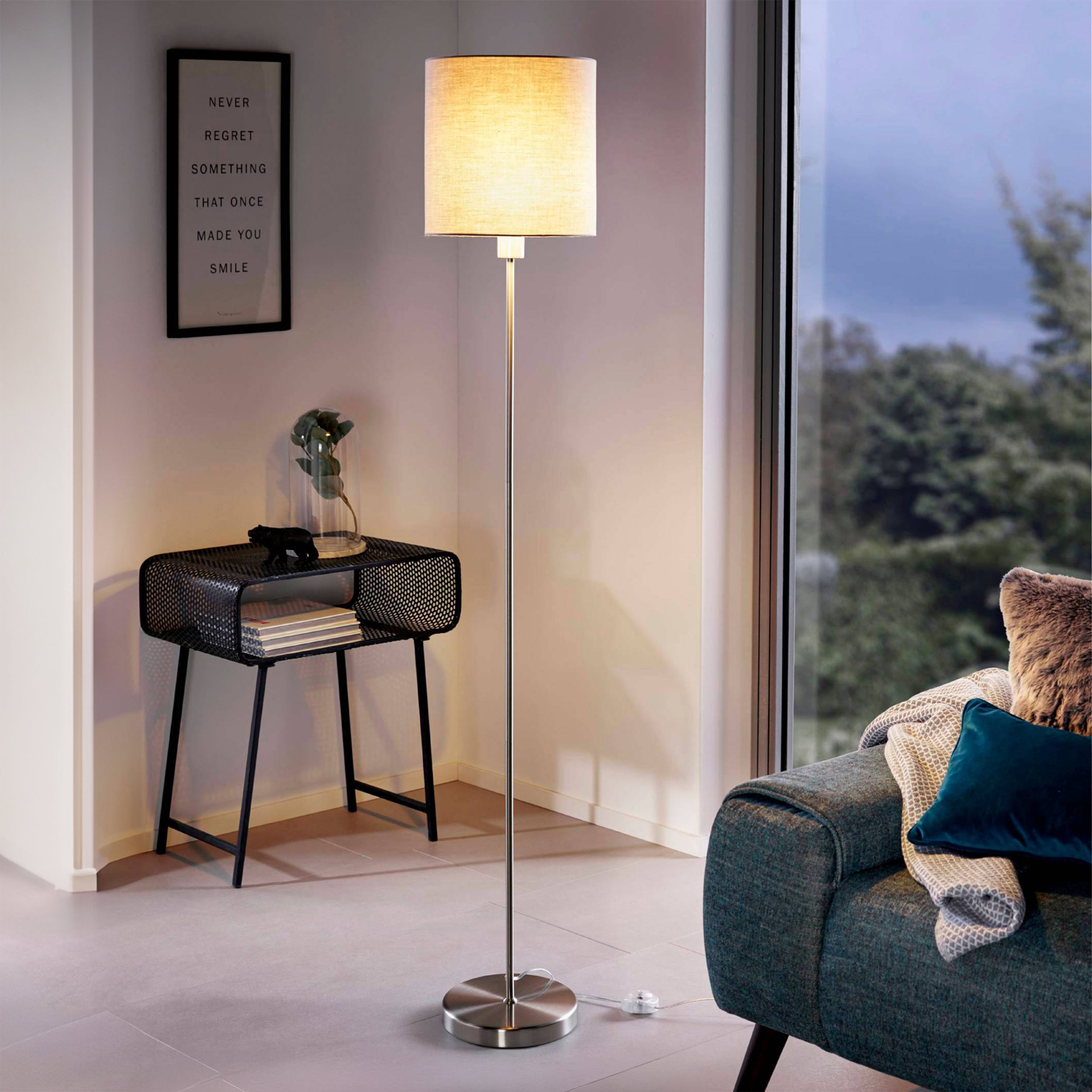 Eglo EU PASTERI Floor Lamp – Satin Nickel Finish with Taupe Fabric Shade, E27 Fitting, 1575mm Indoor Floor Light