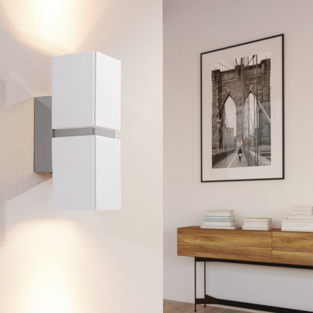 Eglo EU PASSA Indoor Wall Light – Chrome & White Steel, Twin GU10 LED, Warm White, Modern Up & Down Lighting