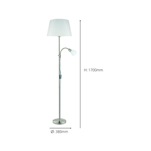 Eglo EU CONESA Floor Lamp – Satin Nickel with White Fabric Shade & Reading Light, E27 & E14, Inline Switch