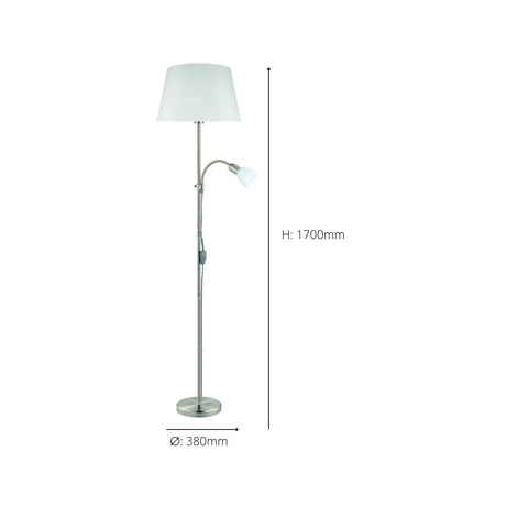 Eglo EU CONESA Floor Lamp – Satin Nickel with White Fabric Shade & Reading Light, E27 & E14, Inline Switch
