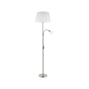 Eglo EU CONESA Floor Lamp – Satin Nickel with White Fabric Shade & Reading Light, E27 & E14, Inline Switch