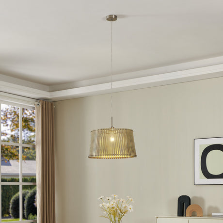 Eglo EU SENDERO Pendant Light – Maple Wood Slatted Shade, Satin Nickel, E27, Large Decorative Ceiling Lighting