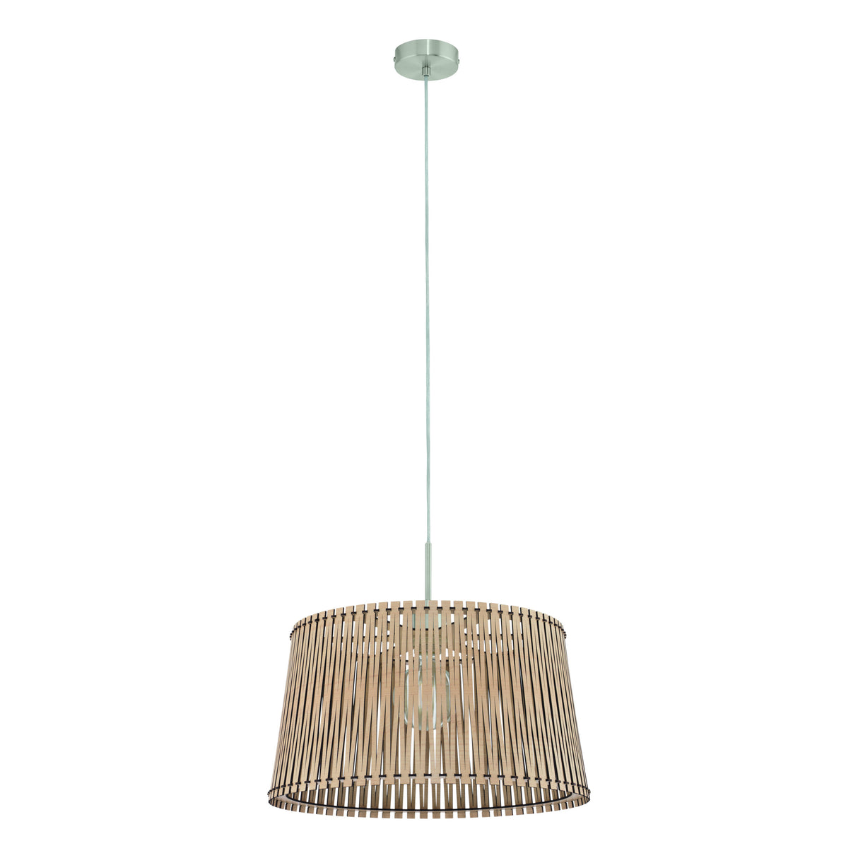 Eglo EU SENDERO Pendant Light – Maple Wood Slatted Shade, Satin Nickel, E27, Large Decorative Ceiling Lighting