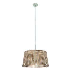 Eglo EU SENDERO Pendant Light – Maple Wood Slatted Shade, Satin Nickel, E27, Large Decorative Ceiling Lighting