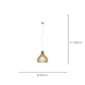 Eglo EU TINDORI Pendant Light – 500mm Satin Nickel with Maple Wood Lamellae, E27 Fitting