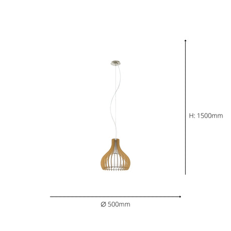 Eglo EU TINDORI Pendant Light – 500mm Satin Nickel with Maple Wood Lamellae, E27 Fitting