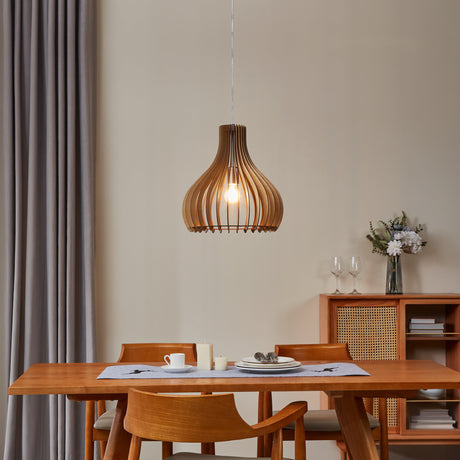 Eglo EU TINDORI Pendant Ceiling Light – Wooden Slatted Shade, Satin Nickel Finish, E27, Height Adjustable