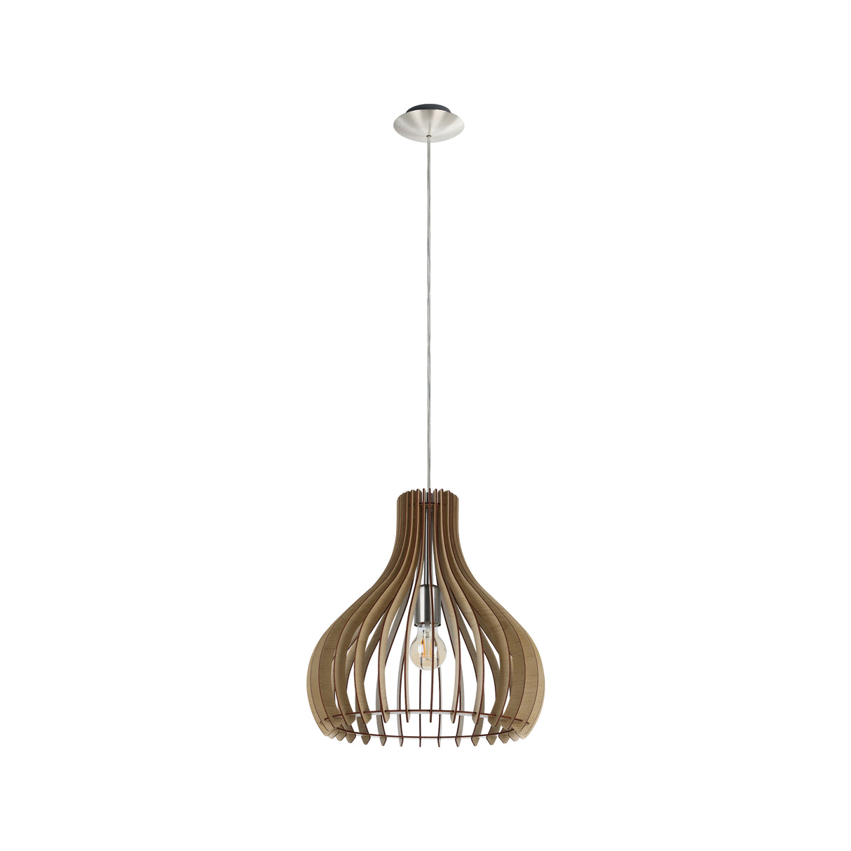 Eglo EU TINDORI Pendant Ceiling Light – Wooden Slatted Shade, Satin Nickel Finish, E27, Height Adjustable