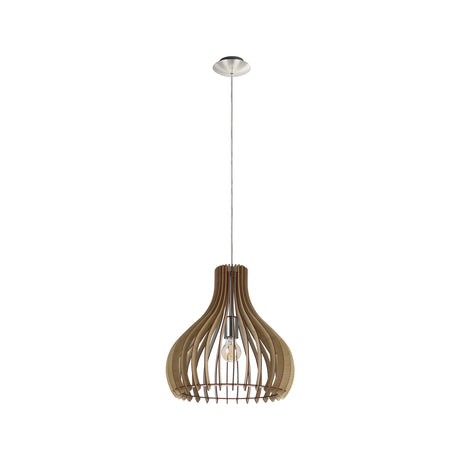 Eglo EU TINDORI Pendant Ceiling Light – Wooden Slatted Shade, Satin Nickel Finish, E27, Height Adjustable