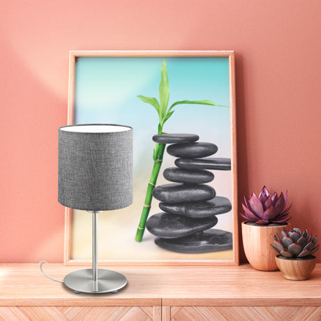 Eglo EU PASTERI Table Lamp – Satin Nickel Steel with Grey Fabric Shade, E27, Indoor Lighting