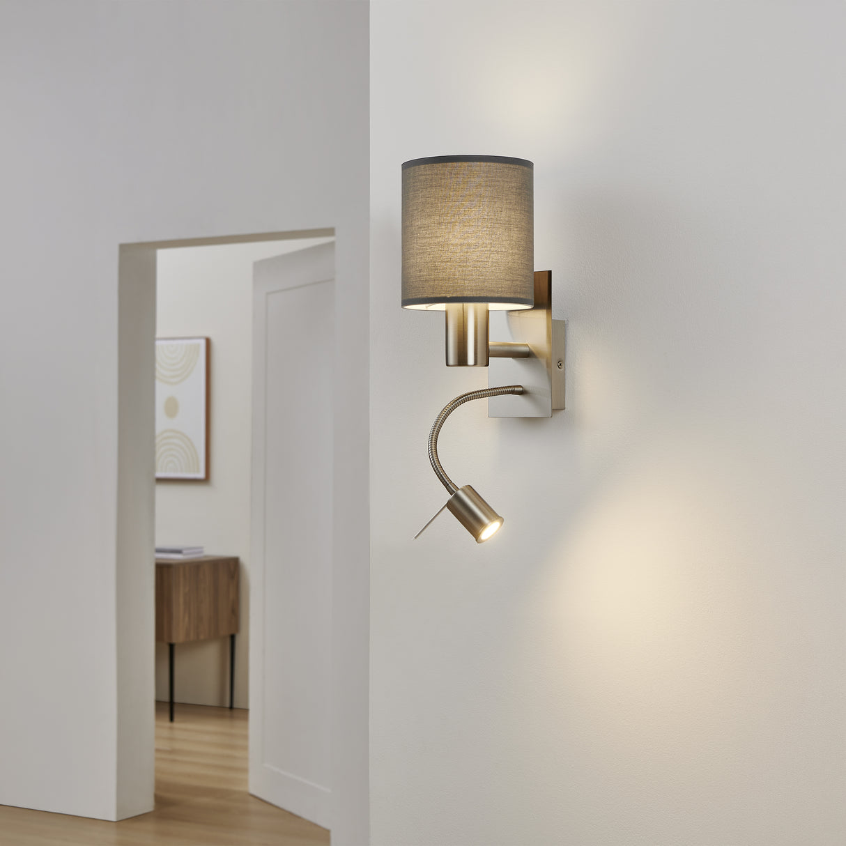 Eglo EU Pasteri Satin Nickel/Brown Fabric Single Wall Light With Reading Light