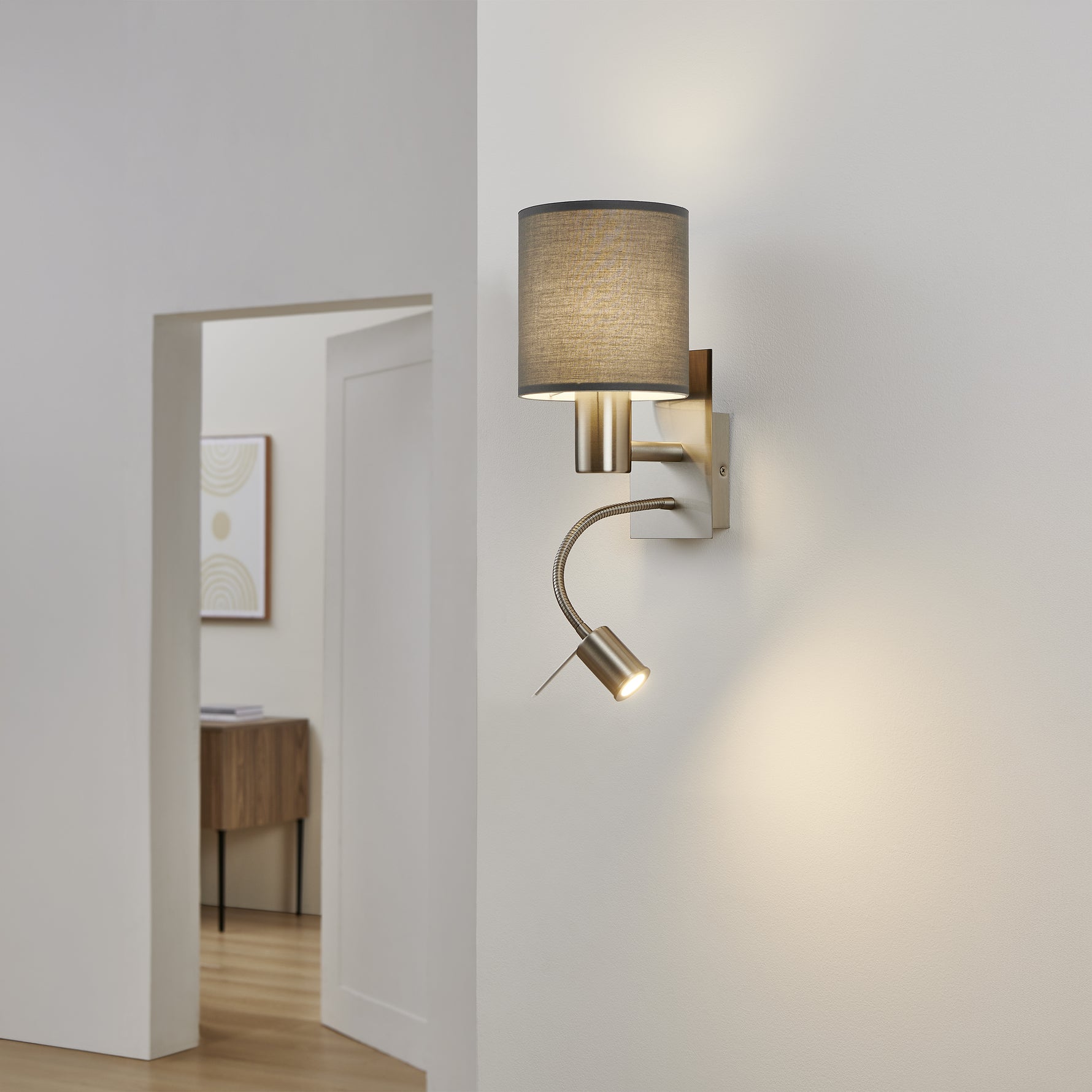 Eglo EU Pasteri Satin Nickel/Brown Fabric Single Wall Light With Reading Light