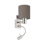 Eglo EU Pasteri Satin Nickel/Brown Fabric Single Wall Light With Reading Light