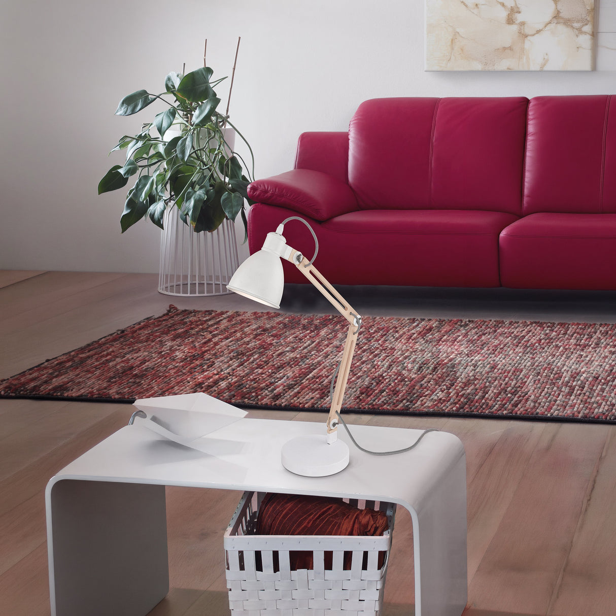 Eglo EU TORONA?1 Table Lamp – White & Natural Wood Desk Light, E14, Inline Switch, Office Lighting