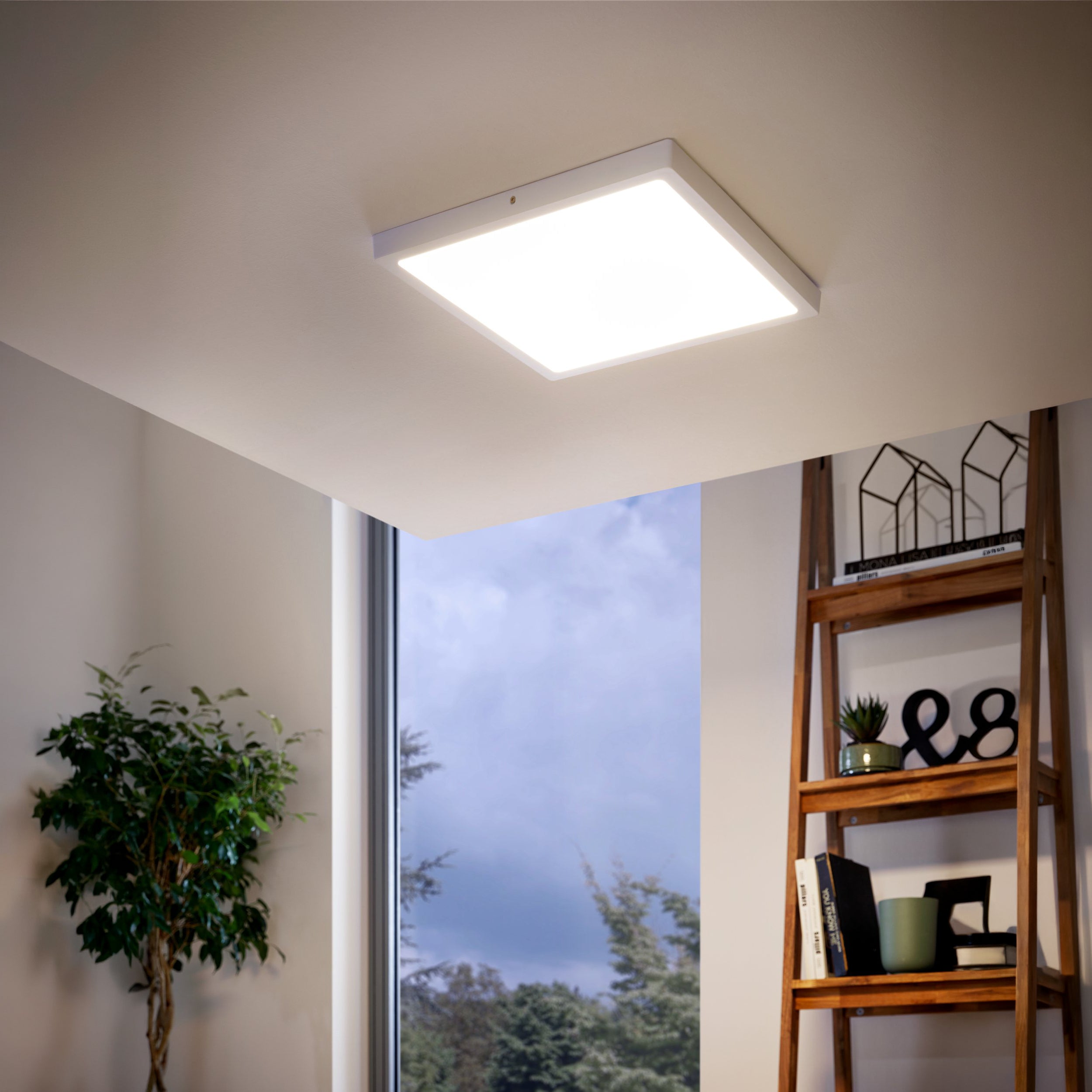 Eglo EU FUEVA?1 LED Ceiling Light – Ultra?Slim Square Surface Mounted Panel, Warm White, 2500?lm, Silver product image - Endon Lighting from First Light Direct with great prices and fast UK delivery